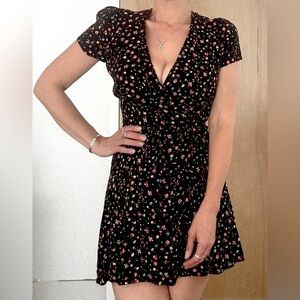Reference Black and Pink Wrap Sundress with Flutter Sleeves